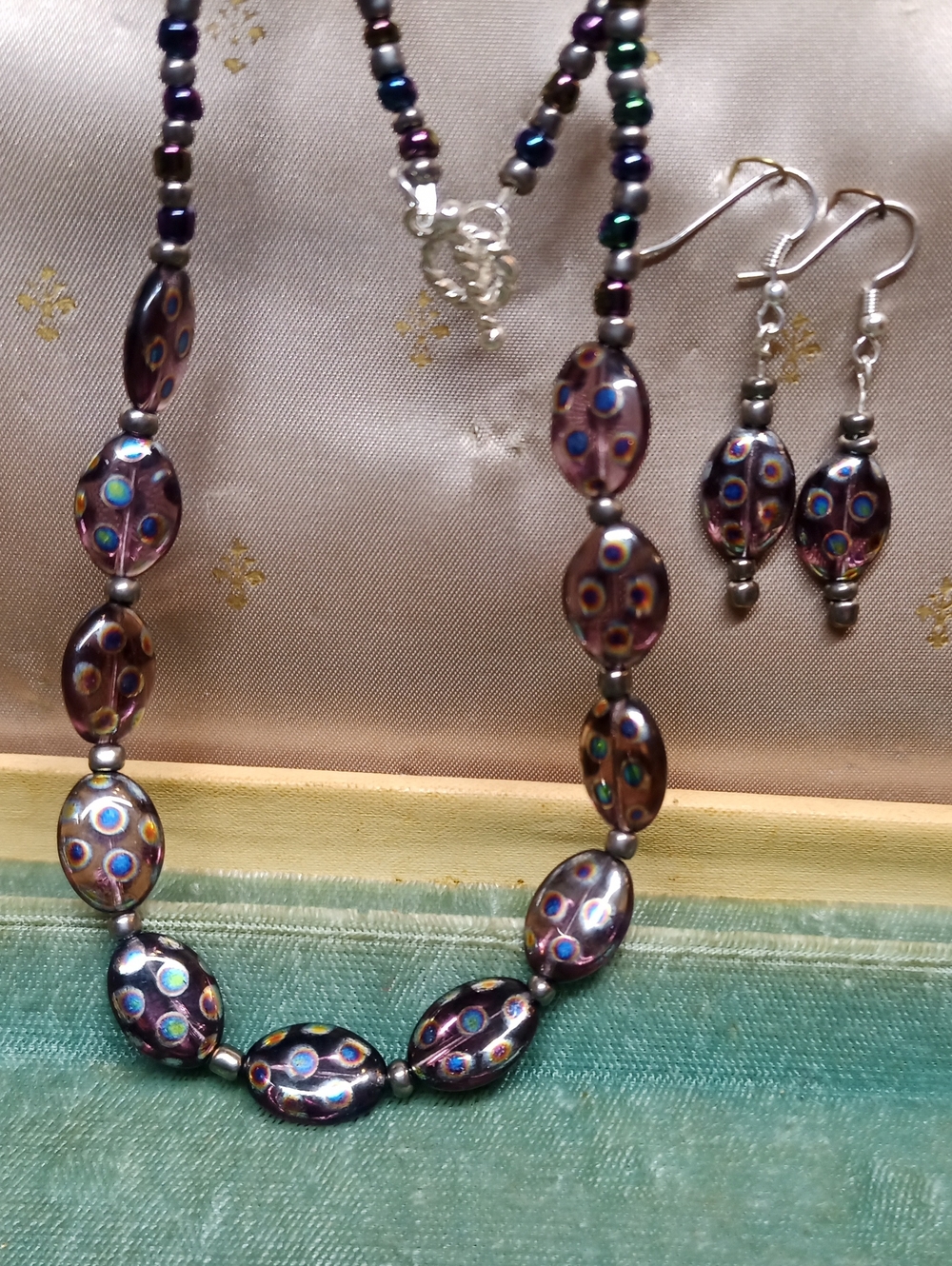 Handcrafted Multicolor Glass Iridescent Peacock-Pattern Necklace & Earring Set